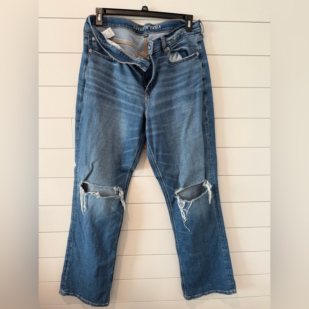 American Eagle Outfitters Blue Straight Leg Jeans with Distressed Details